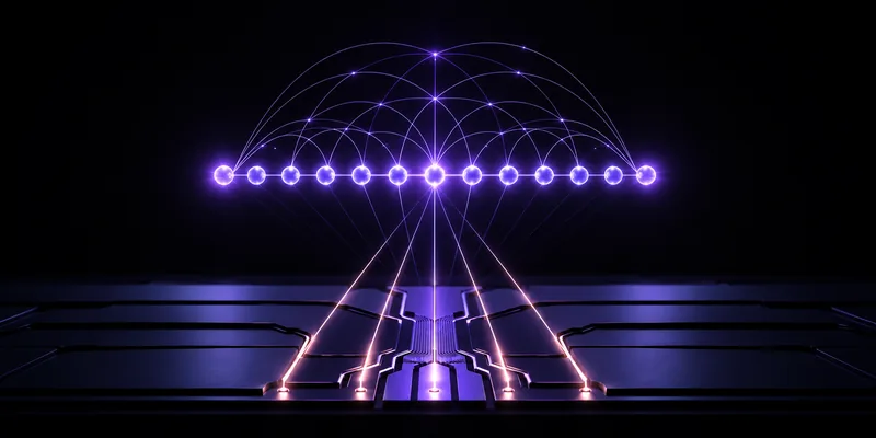 A chain of trapped ions linked by laser light above an ion-trap chip