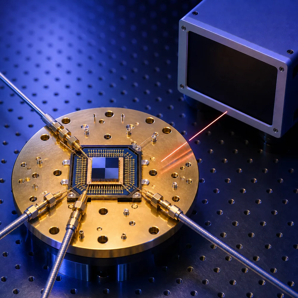 A gold-plated dilution-refrigerator plate holding a superconducting processor, with a measuring instrument beside it and a thin coral-red line that stops short of the processor