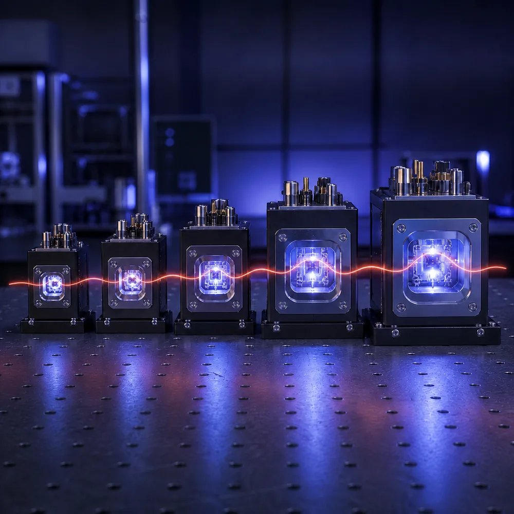 Five qubit packages of increasing size in a row on a dark optical table, joined by a single thin coral-red wave that is still visible at the two largest packages