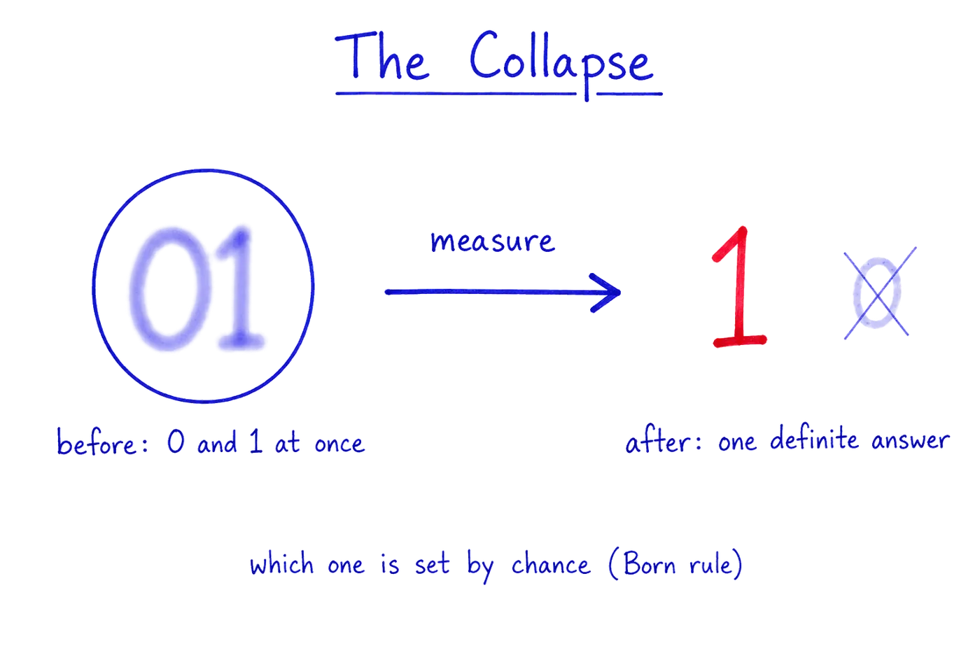 The collapse. Before measurement a qubit is a blend of 0 and 1 at once; the act of measuring forces it into a single definite outcome chosen by chance, and the other possibility vanishes.