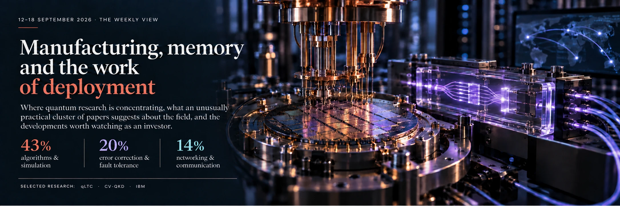 Illustrated wafer under a cryogenic probe assembly beside a glowing photonic module, with the review title and headline percentages.